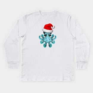 Blue Baby Octopus Wearing a Santa Hat Kids Long Sleeve T-Shirt